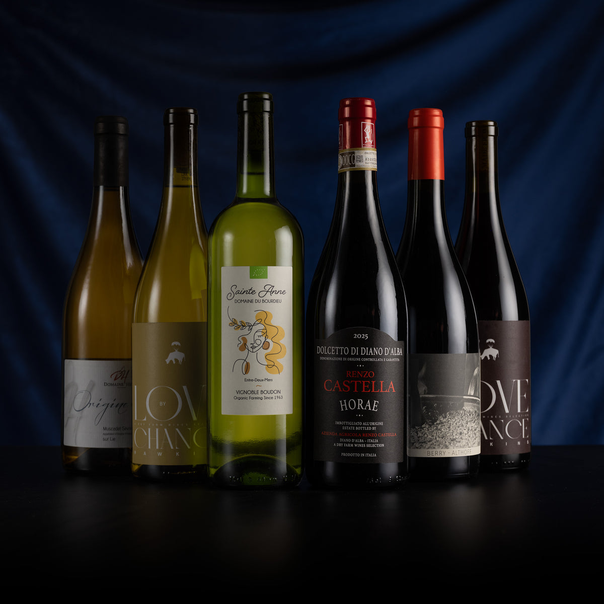 Six wine bottles of varying colors and styles lined up on a dark surface against a dark blue draped background. The bottles include white, green, and red wines, with labels such as 'Love Anchors', 'Castella Horae', and 'Pleureaux'.