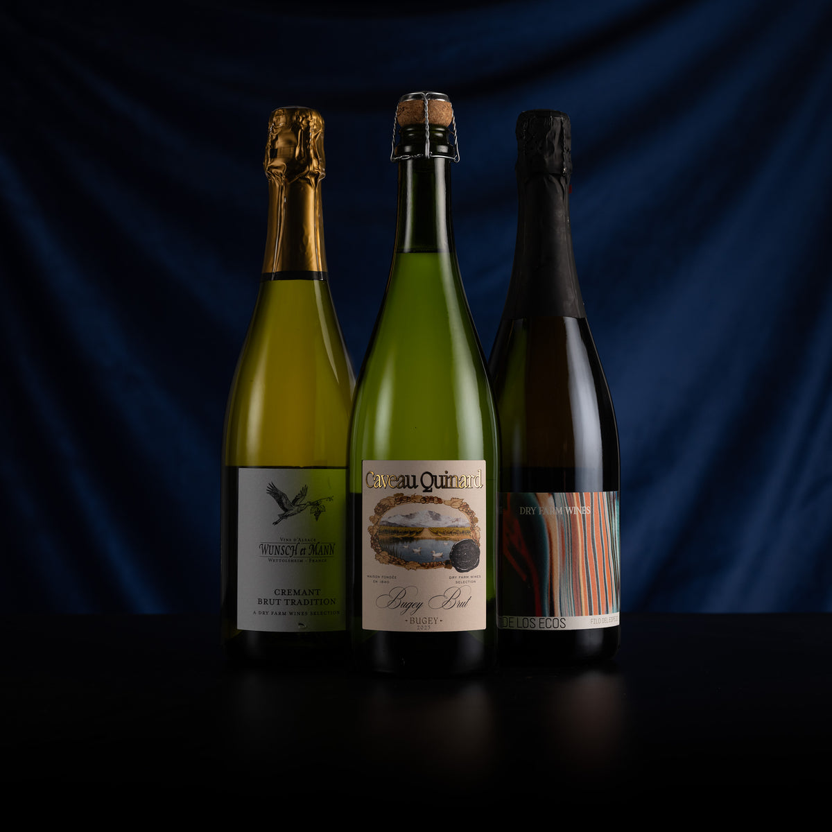 Three wine or sparkling beverage bottles standing upright on a dark surface against a deep blue draped backdrop. The center bottle is a green glass bottle with a cream label reading 'Chambour Quatre Vents'; the left bottle has a gold foil top and a light greenish-yellow label; the right bottle has a black cap and a dark label with orange and gray stripes.