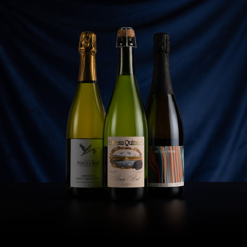 Three wine or sparkling beverage bottles standing upright on a dark surface against a deep blue draped backdrop. The center bottle is a green glass bottle with a cream label reading 'Chambour Quatre Vents'; the left bottle has a gold foil top and a light greenish-yellow label; the right bottle has a black cap and a dark label with orange and gray stripes.