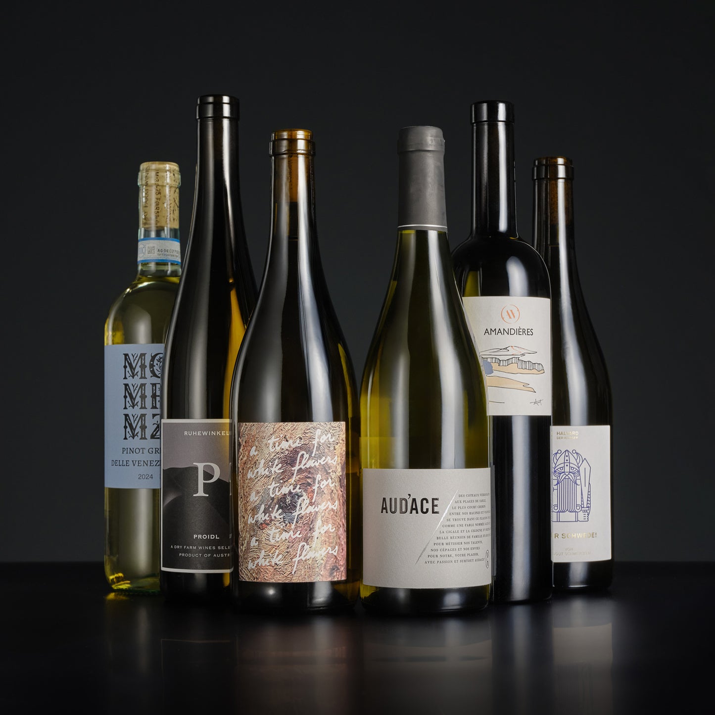 Collection of wine bottles with labels on a dark background