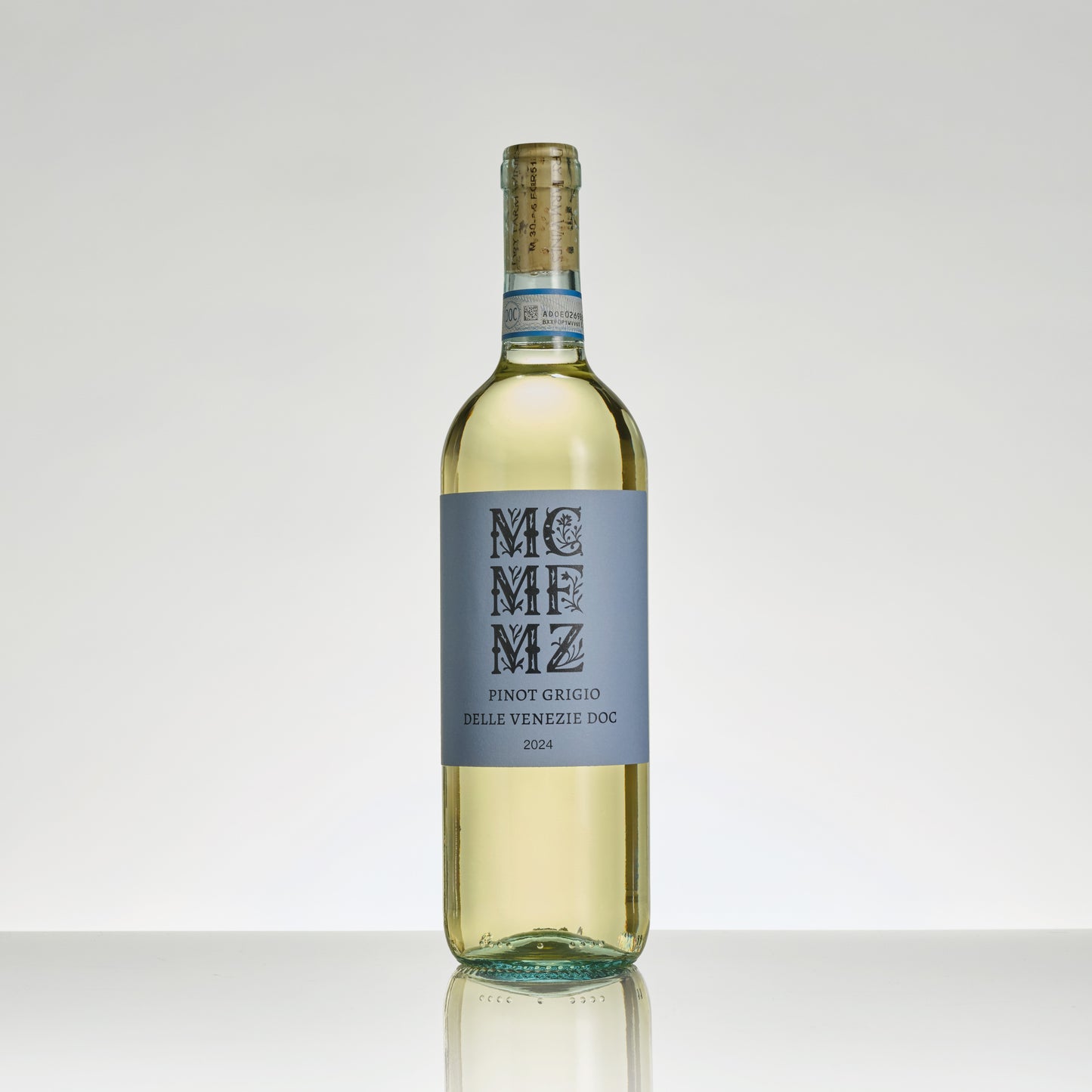 Wine bottle with a blue label on a white background