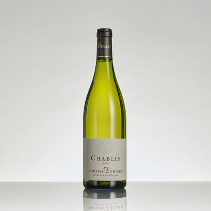 Bottle of Chablis wine from Domaine Lersan on a white background