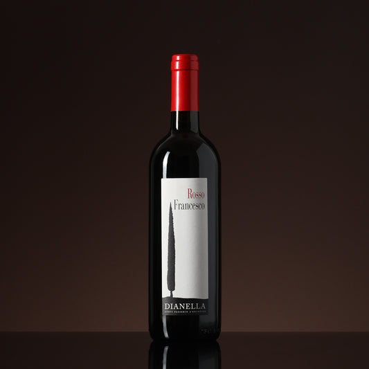 Wine bottle with a red cap and white label on a dark background