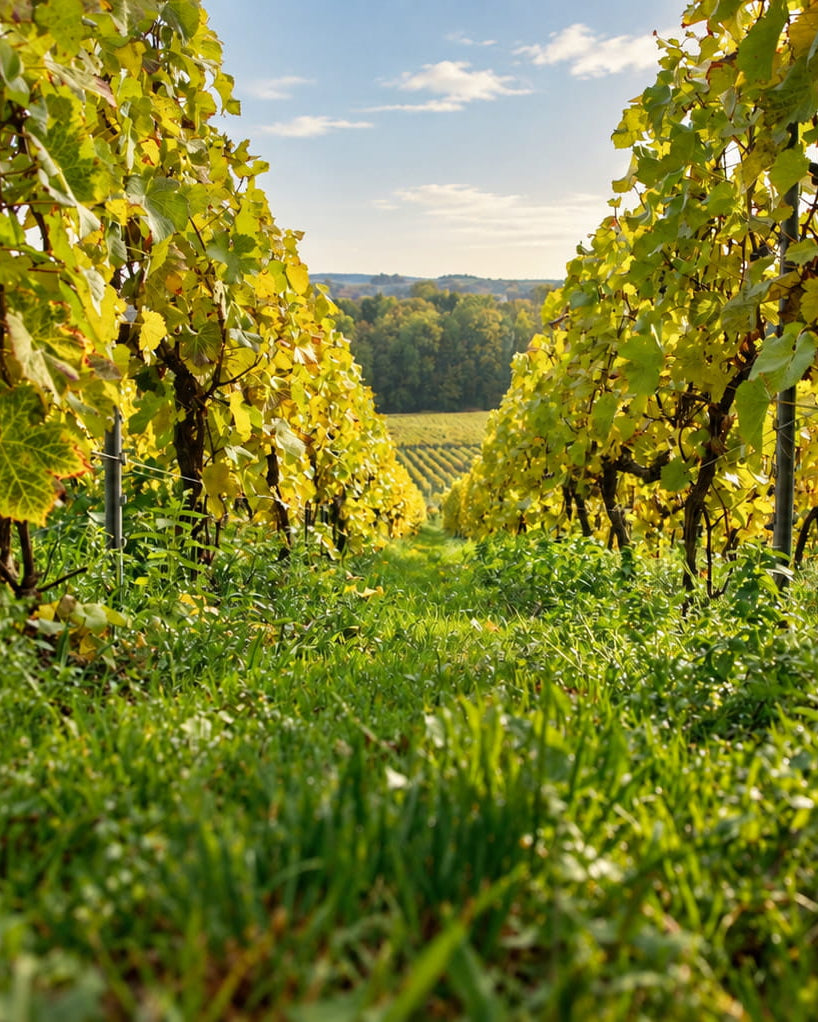 A scenic view down a vineyard path lined with grapevines under a blue sky, with green grass and yellow-green leaves in the foreground.