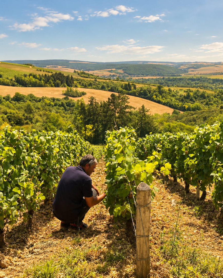 A person crouches among grapevines in a sunny vineyard, with rolling green hills and a blue sky with clouds in the background.