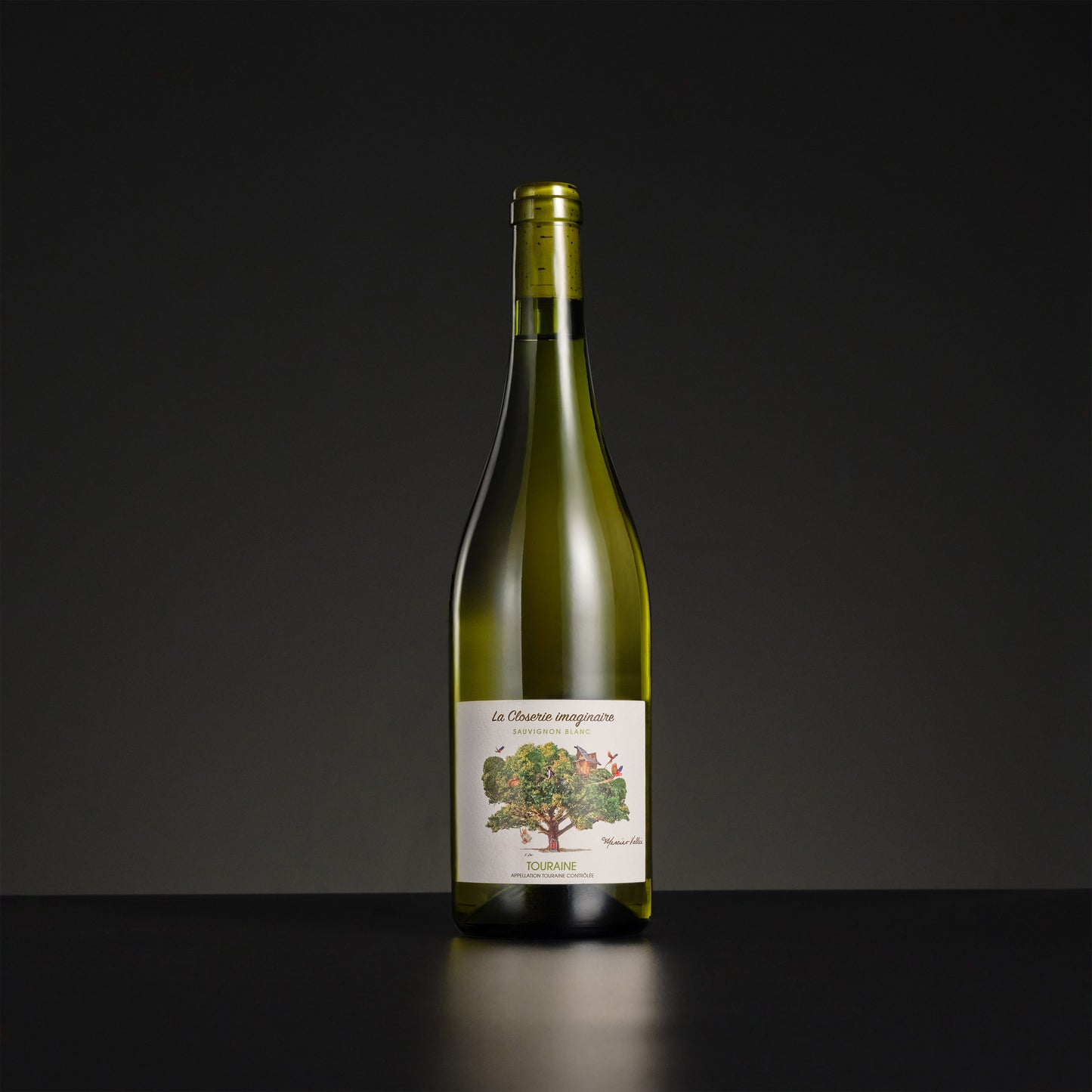 Green wine bottle with a label on a black background