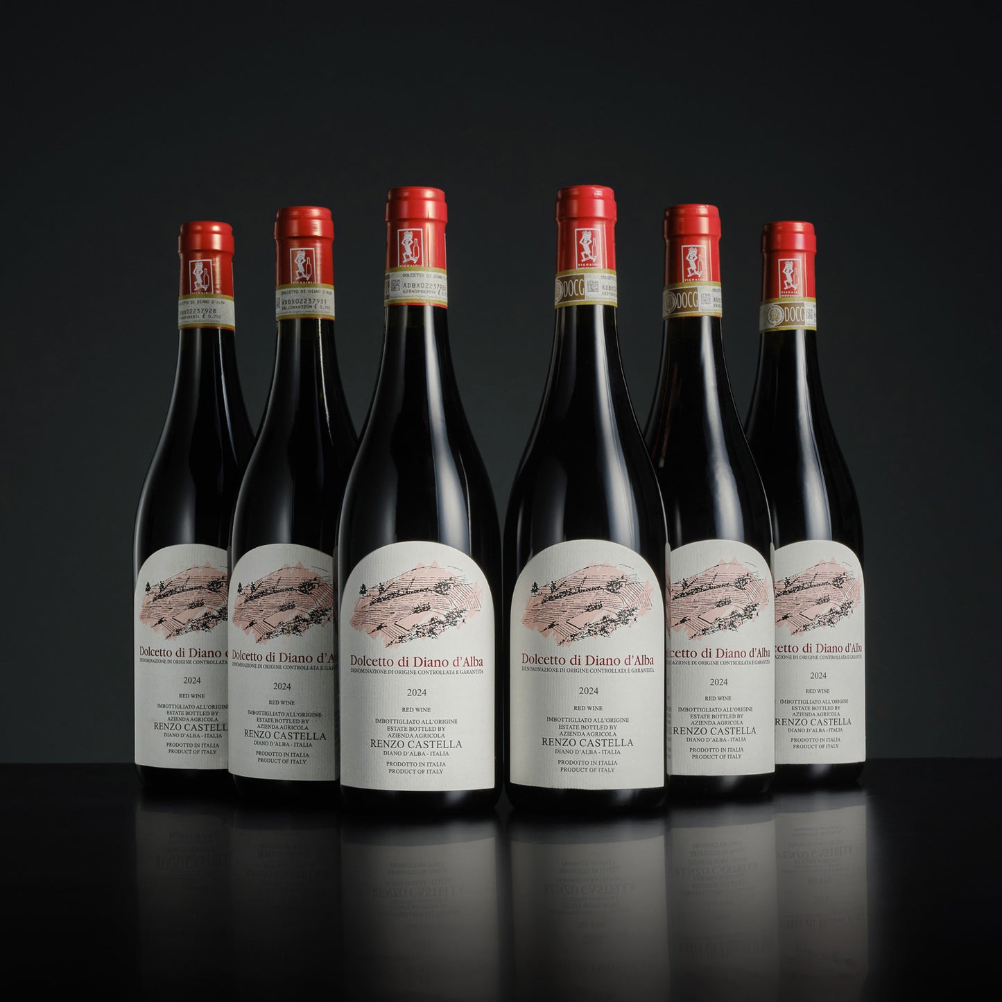 Six bottles of wine with red caps and visible labels on a black background