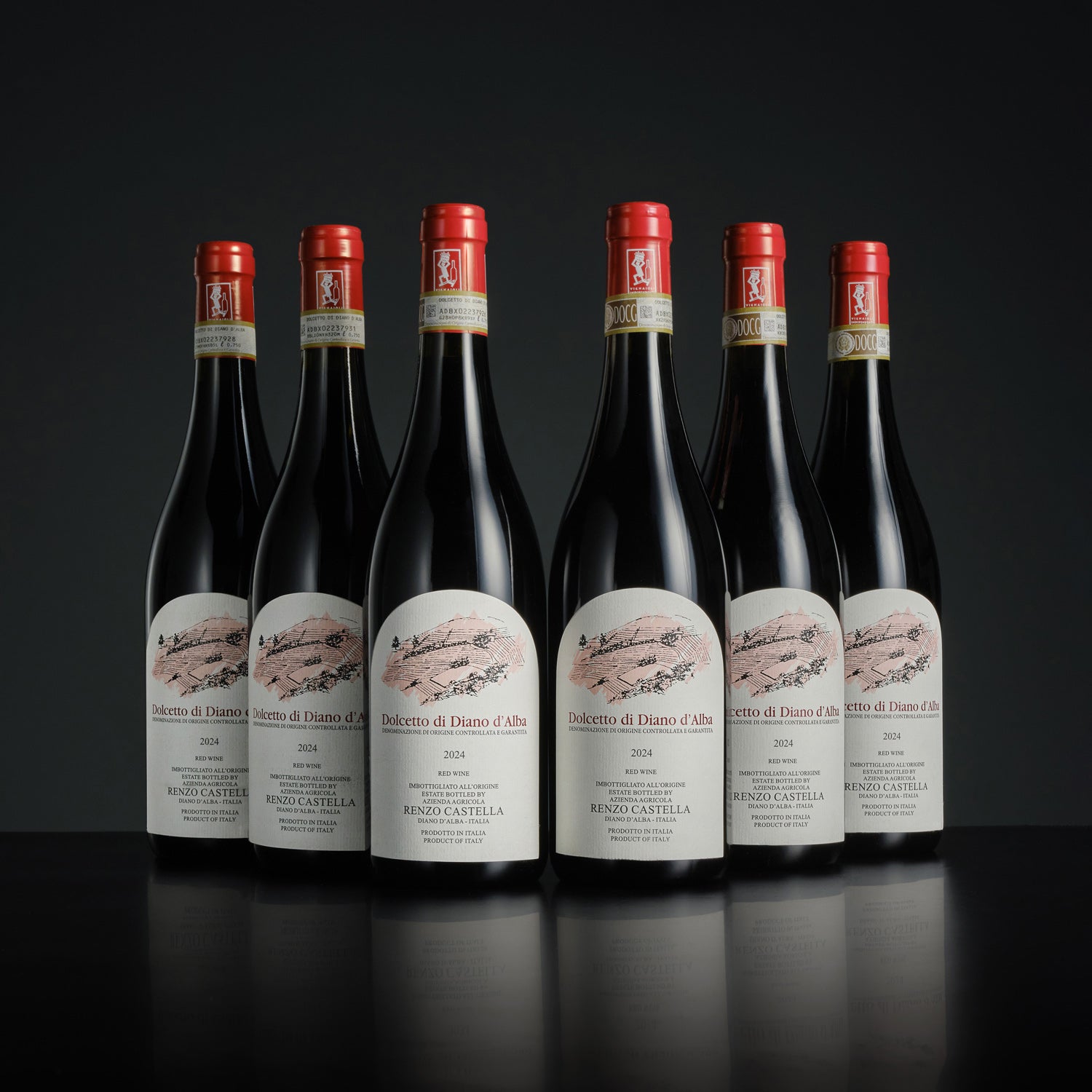 Six bottles of wine with red caps and visible labels on a black background