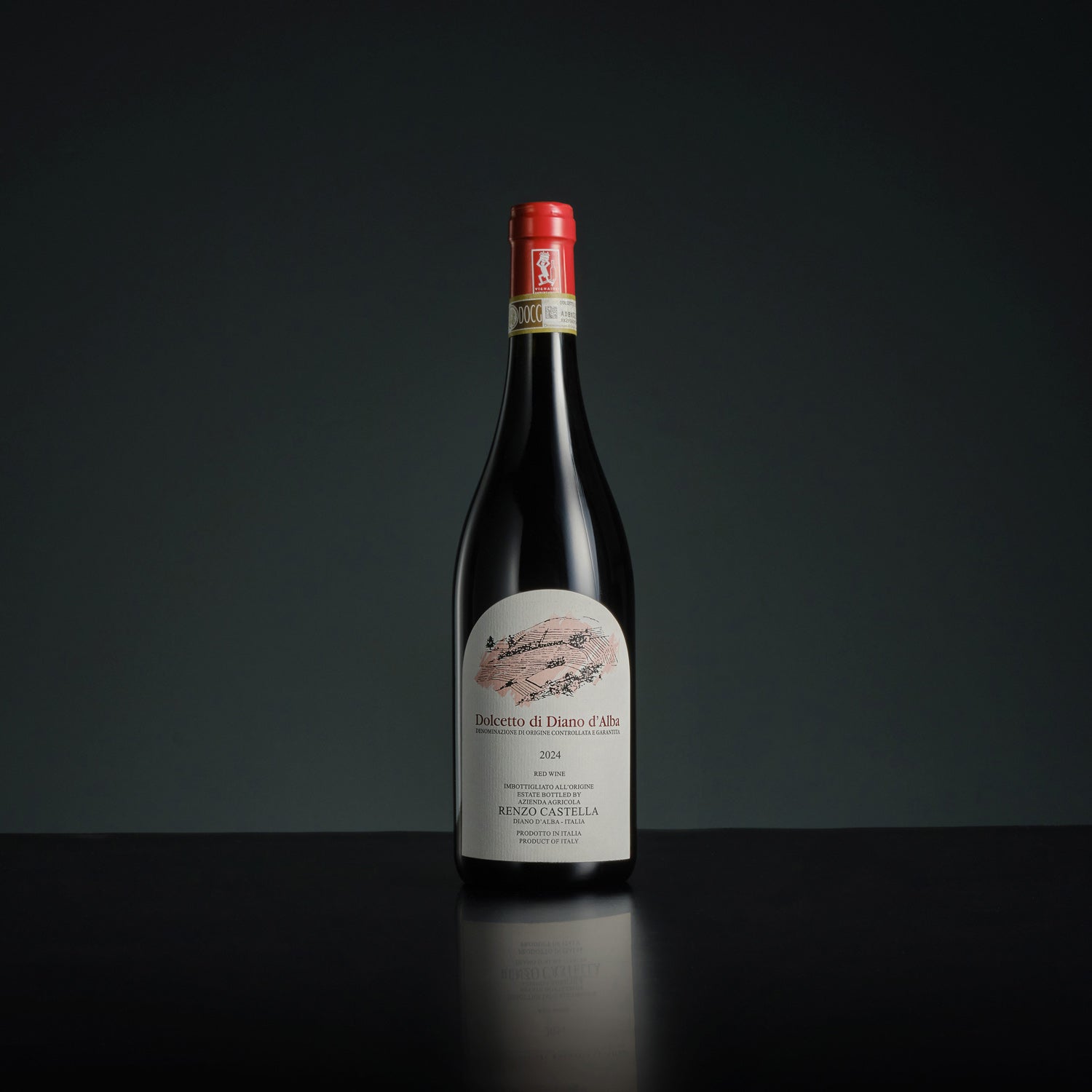 Wine bottle with a red label on a black background