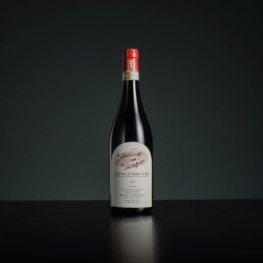 Wine bottle with a red label on a black background