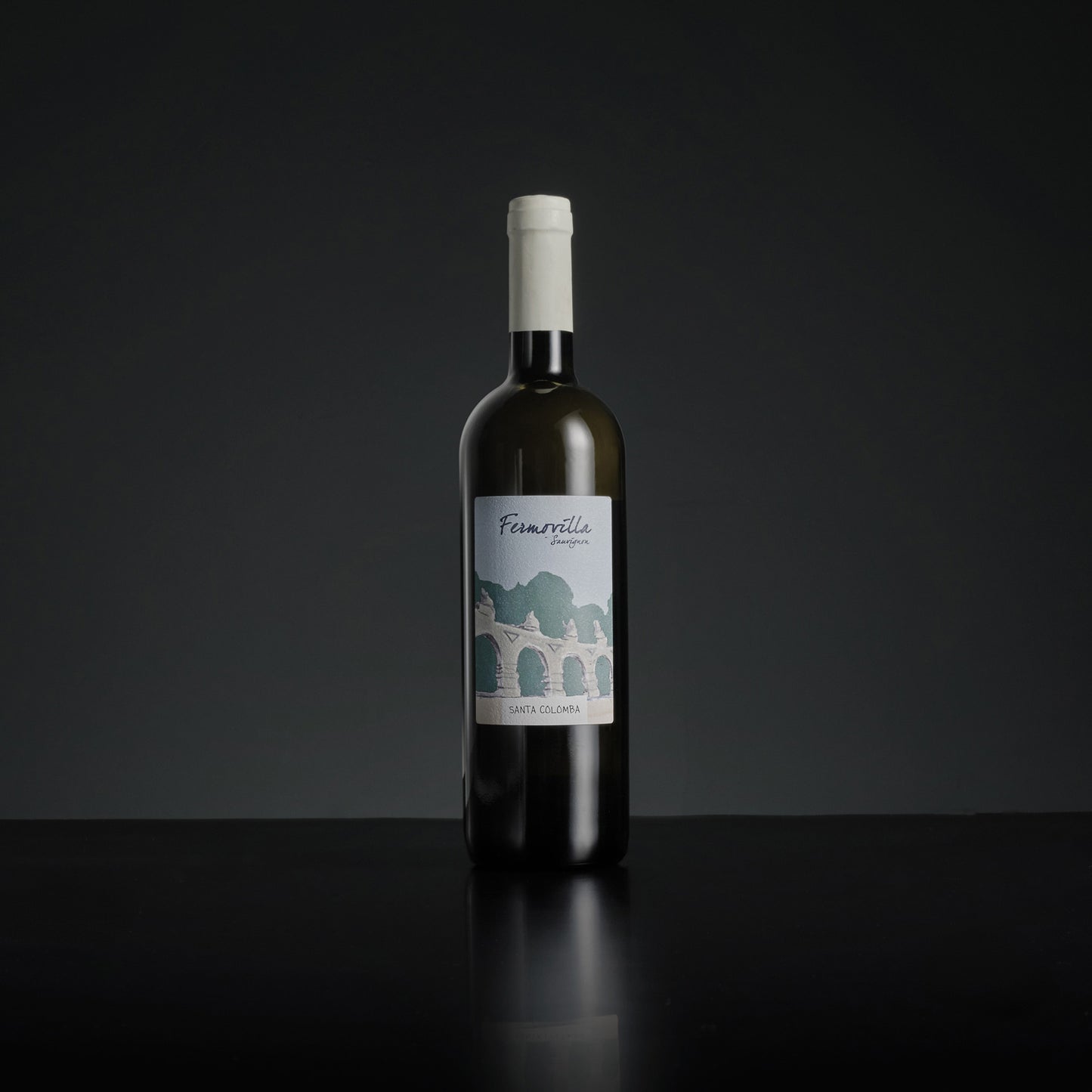 Wine bottle with a label on a dark background