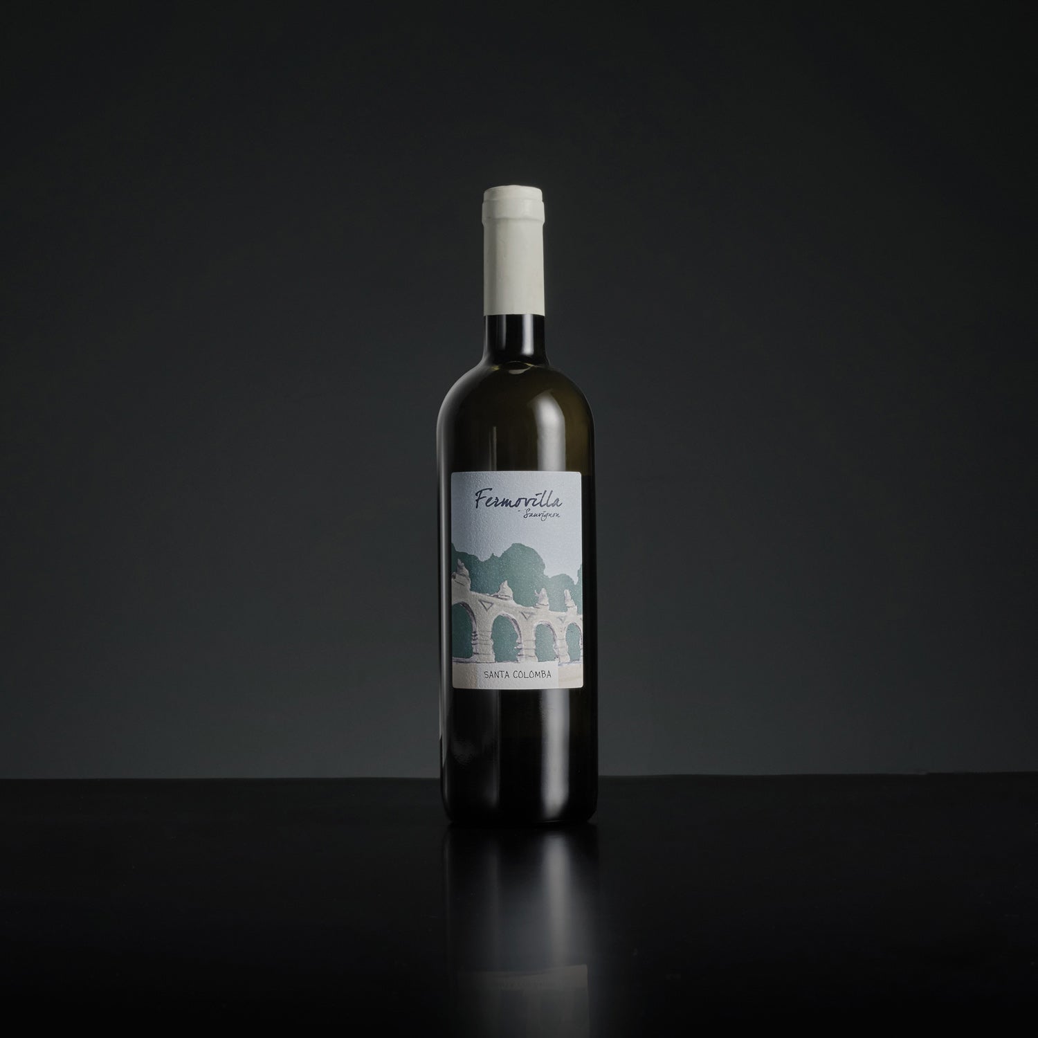 Wine bottle with a label on a dark background