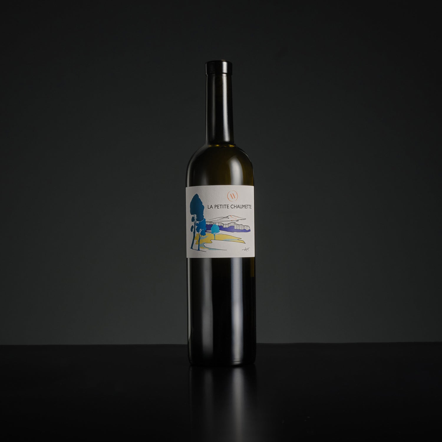 Wine bottle with a label on a black background