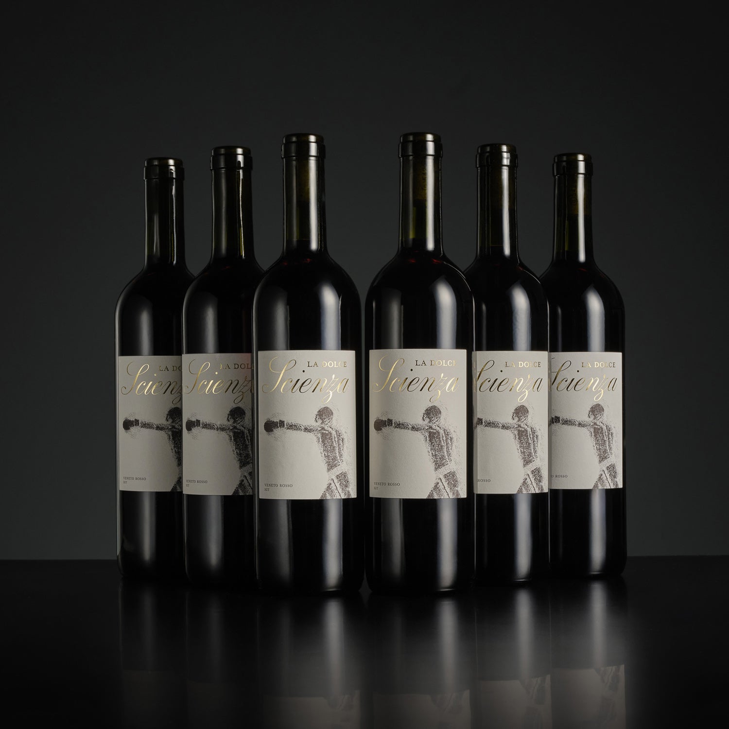 Six bottles of wine with labels on a black background