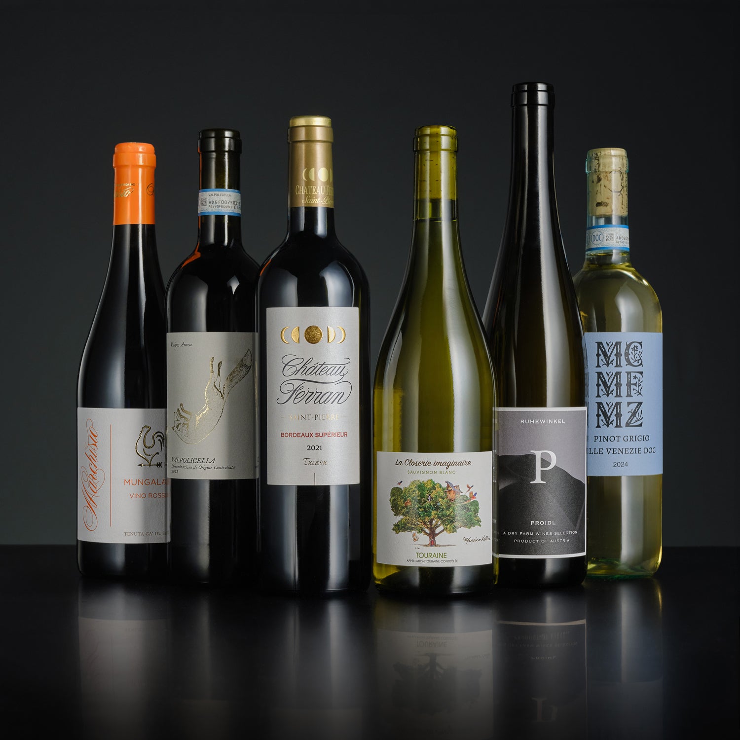 Collection of wine bottles with labels on a dark background