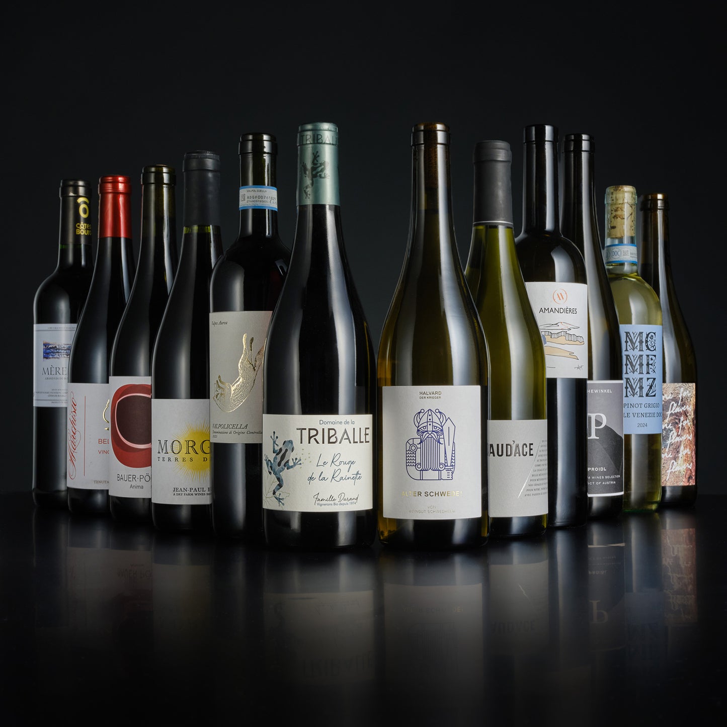 Row of wine bottles with various labels on a dark background