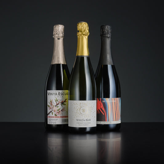 Three wine bottles with labels on a reflective surface and dark background