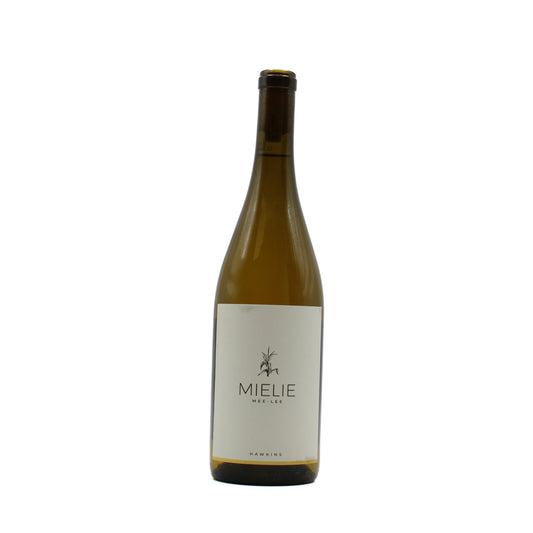 A bottle of Mielie Mering wine with a white label and dark green glass, shown against a plain white background.