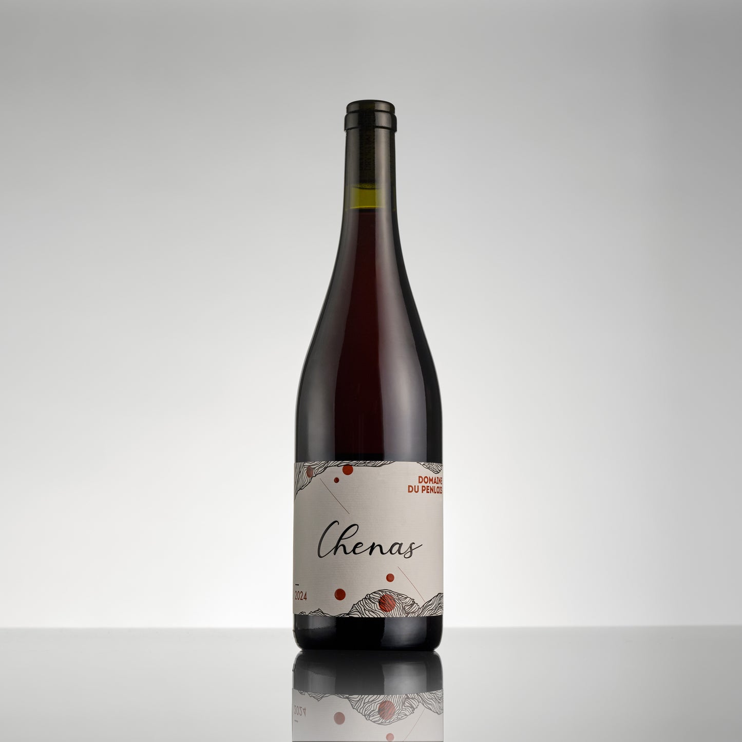 Wine bottle labeled 'Chenas' on a reflective surface with a gray background