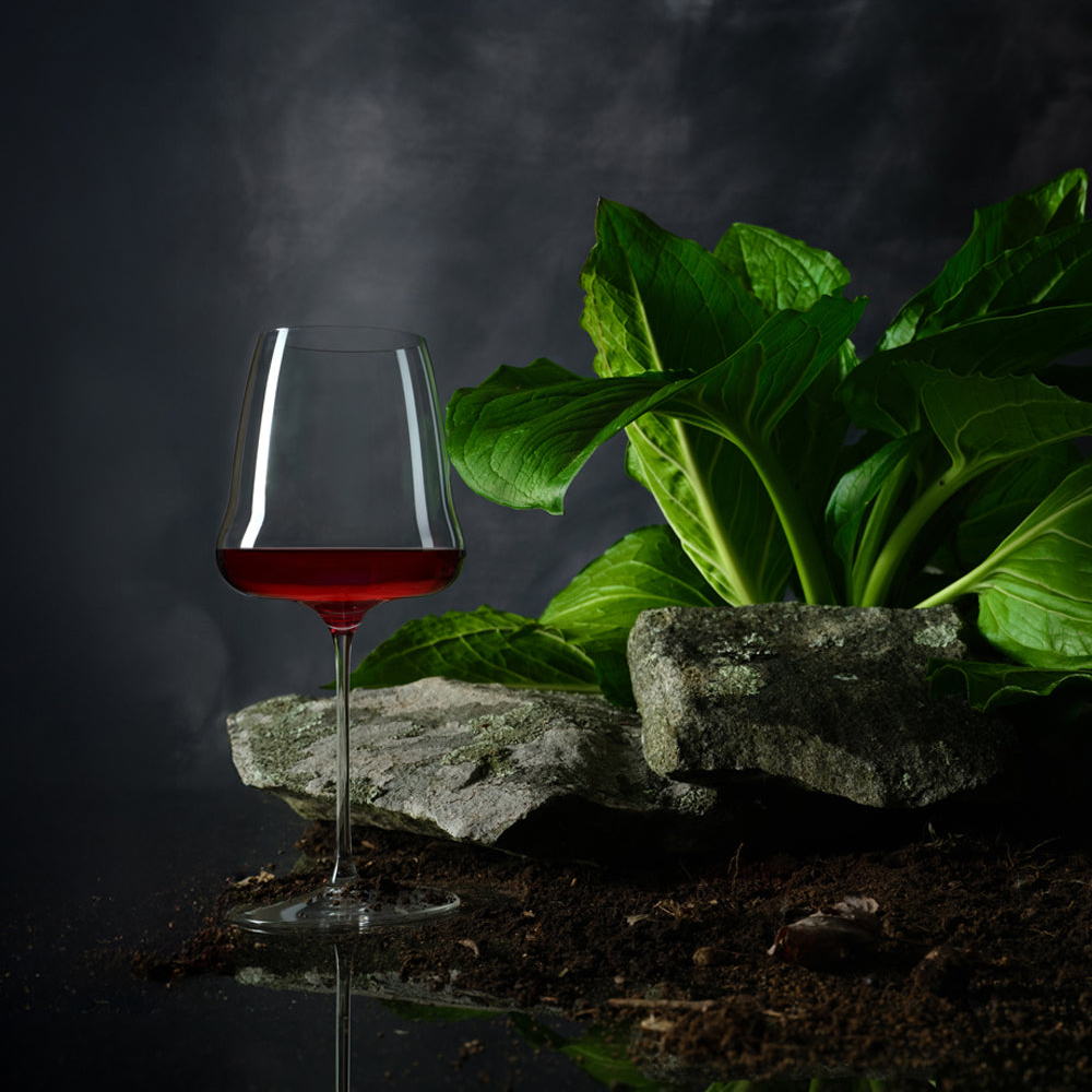 Glass of red wine on a stone surface with green leaves in the background